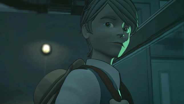 A screenshot from a cutscene in Blue Prince. The protagonist Simon is walking into the Security Room.