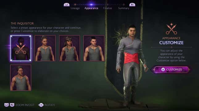 An image of the Dragon Age: The Veilguard customization screen.