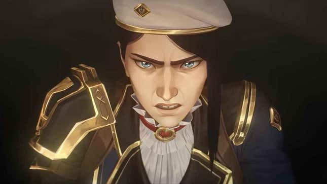 A close up of Caitlyn in uniform looking angry.