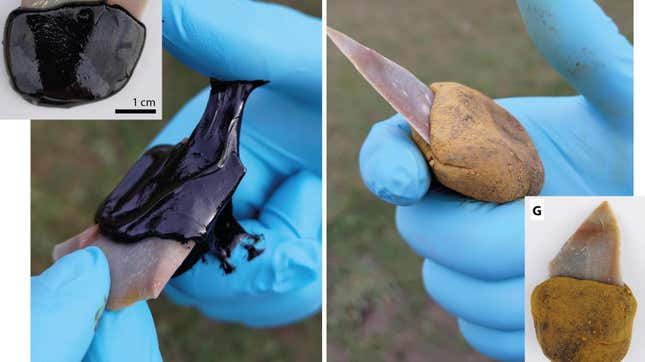 A stone tool with a bitumen grip made by the recent team.