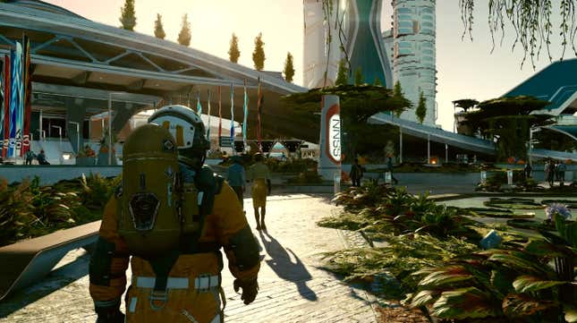 An astronaut walks through a futuristic city. 
