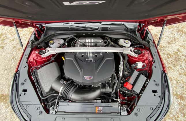 An underhood photo looking down at the supercharged V8