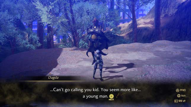 A line from Dagda that reads, "can't go calling youa kid. You seem more like...a young man."