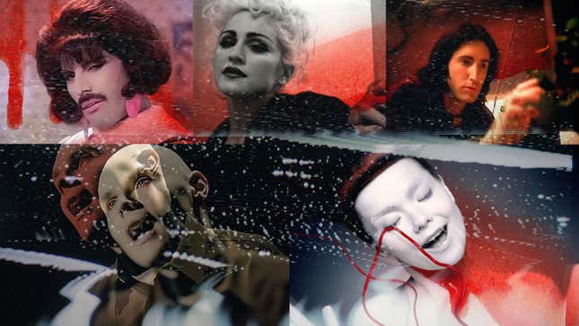 Clockwise from top left: Queen, “I Want To Break Free”; Madonna, “Justify My Love”; Nine Inch Nails, “Closer”; Bjork, “Cocoon”; Smashing Pumpkins, “Try Try Try” (Official music video screenshots: YouTube)