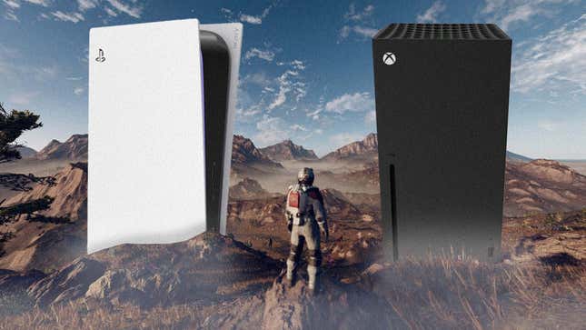 A Starfield astronaut stands on a rocky planet, with a PlayStation (left) and Xbox Series X (right) towering in front of them.