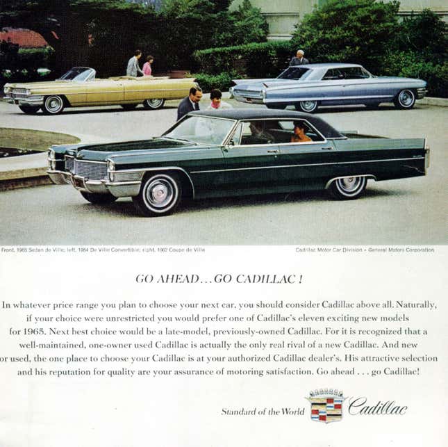 A 1965 Cadillac magazine ad featuring the ‘Standard of the World’ tagline