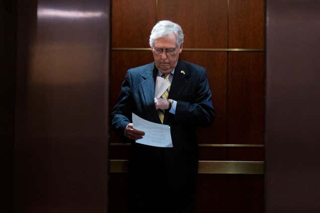 Senate Minority Leader Mitch McConnell, R-Ky., is seen in the U.S. Capitol before a closed briefing on the Russian invasion of Ukraine on Wednesday, March 16, 2022. 