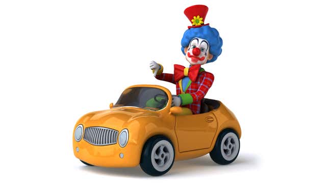 A clown driving a yellow car.