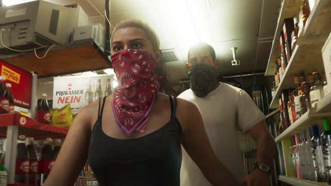 A screenshot of the GTA 6 trailer shows Lucia and her partner robbing a store.