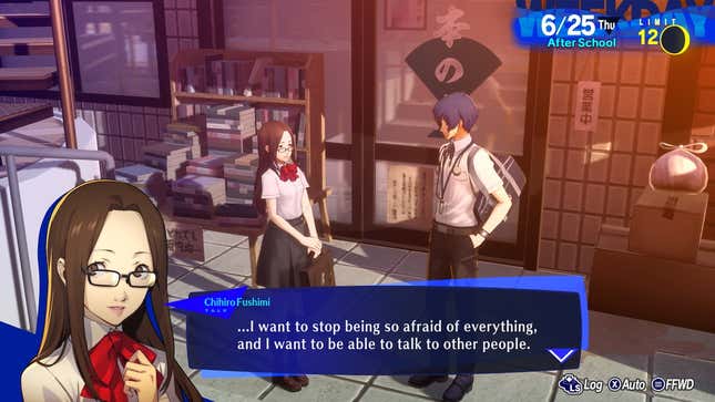 A girl with glasses talking to the Persona 3 protagonist