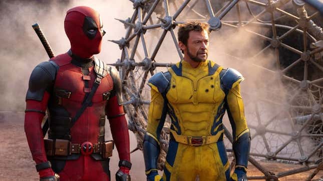 Deadpool stands next to Wolverine in his yellow and blue suit