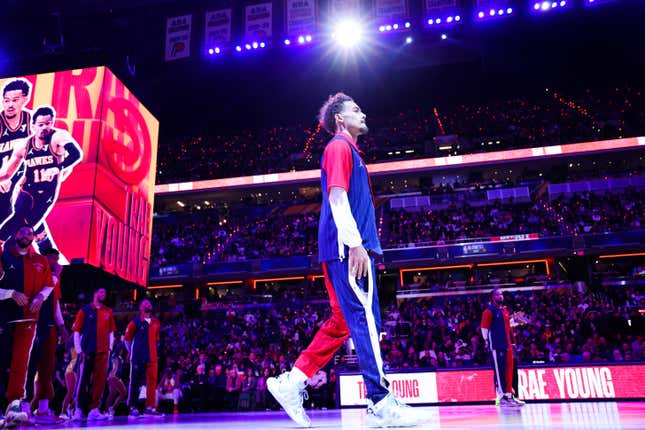 INDIANAPOLIS, INDIANA - FEBRUARY 18: Trae Young #11 of the Atlanta Hawks and Eastern Conference All-Stars is introduced prior to the 2024 NBA All-Star Game at Gainbridge Fieldhouse on February 18, 2024 in Indianapolis, Indiana. NOTE TO USER: User expressly acknowledges and agrees that, by downloading and or using this photograph, User is consenting to the terms and conditions of the Getty Images License Agreement. (Photo by Stacy Revere/Getty Images)