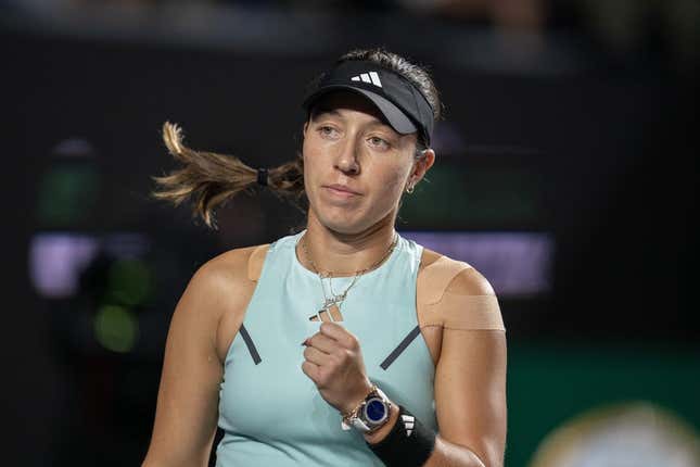 Nov 4, 2023; Cancun, Mexico; Jessica Pegula (USA) celebrates winning her match against Coco Gauff (USA) on day seven of the GNP Saguaros WTA Finals Cancun.