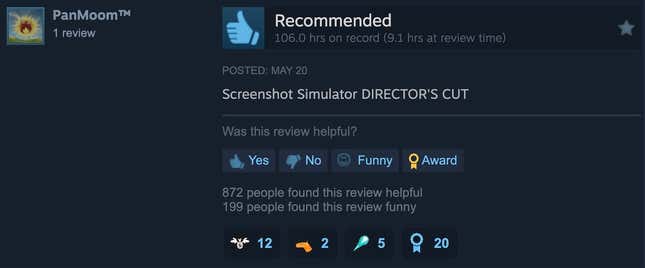 A Steam review that reads "Screenshot simulator DIRECTOR'S CUT"