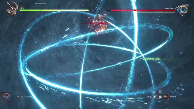 Arcs of glowing blue water criss-cross the screen, and the attack name Riptide can be seen.