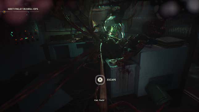 The player is grabbed by a large tentacle connected to a dead body.