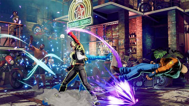 One fighter sends another flying with what might be an uppercut, the punch trailed with purple energy, with a biker bar in the background.