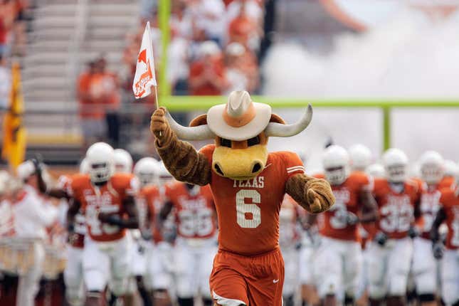 The Texas Longhorns mascot leads the team onto the field before the game against the Arkansas Razorbacks on September 27, 2008 at Darrell K Royal-Texas Memorial Stadium in Austin, Texas. Texas won 52-10. 