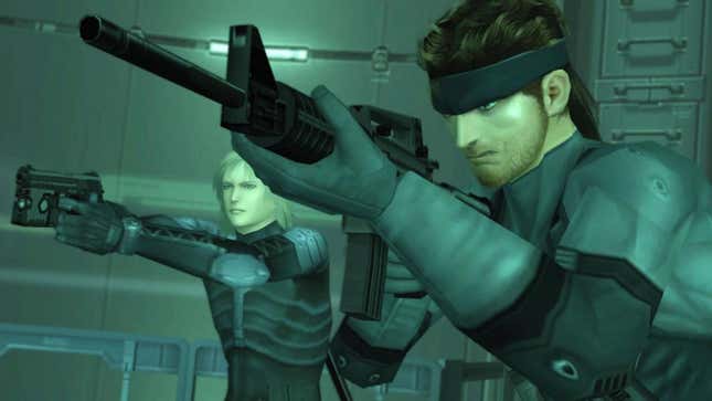 Snake and Raiden aim their guns in Metal Gear Solid 2. 