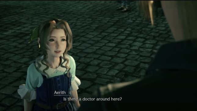 A young Aerith desperately searches for an adult who will help her find a doctor.