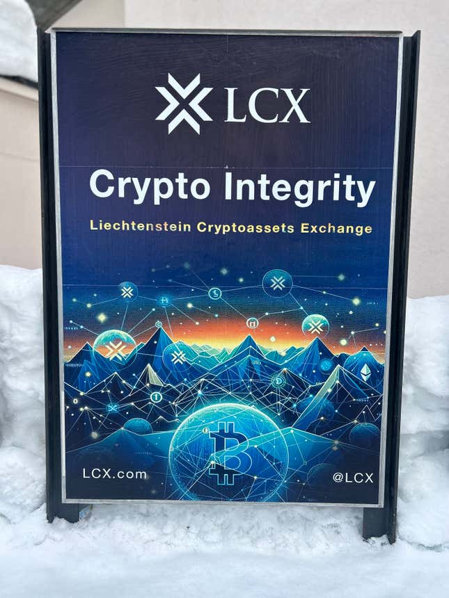 An advertisement in the snow for LCX.com reads "Crypto Integrity"