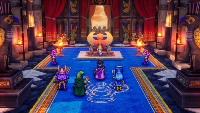 A screenshot of Dragon Quest 3 HD-2D Remake showing the party approaching a character on a throne and the game's new visual style.