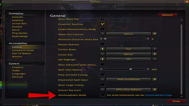 The options screen with an arrow marking the new Arachnophobia Mode.