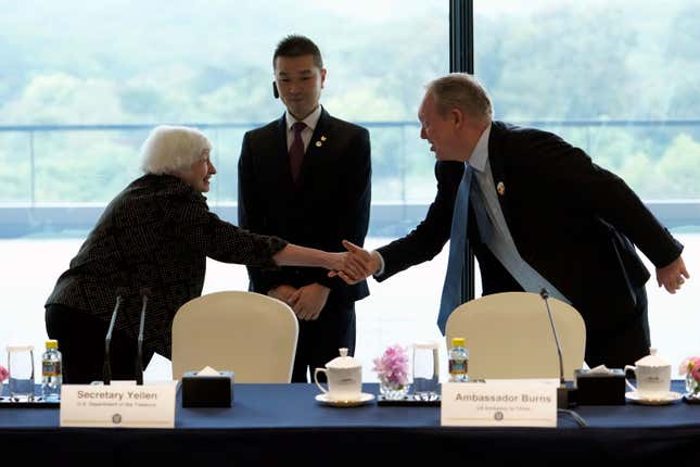 Treasury Secretary Janet Yellen, left, shakes hands with Jens Eskelund, president of the European Union Chamber of Commerce in China, as she arrives at the Business Leaders Roundtable meeting at Baiyun International Conference Center (BICC) in southern China&#39;s Guangdong province, Friday, April 5, 2024. Yellen has arrived in China for five days of meetings in a country that&#39;s determined to avoid open conflict with the United States. (AP Photo/Andy Wong, Pool)