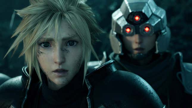 Cloud and a Shinra soldier look at the camera in a flashback sequence.