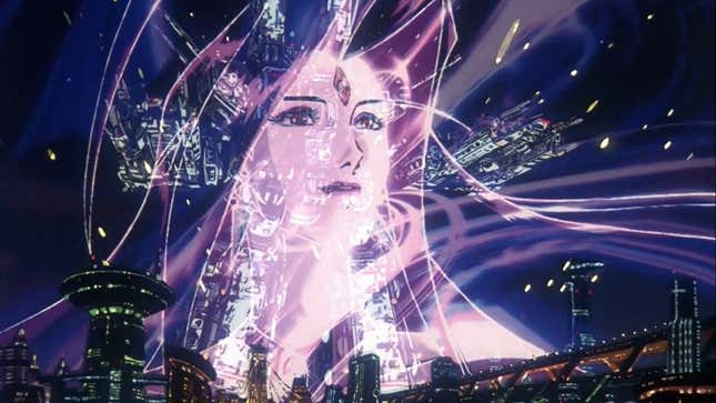 A giant projection of Sharon Apple stares stoically while tracer beams fire into space. 