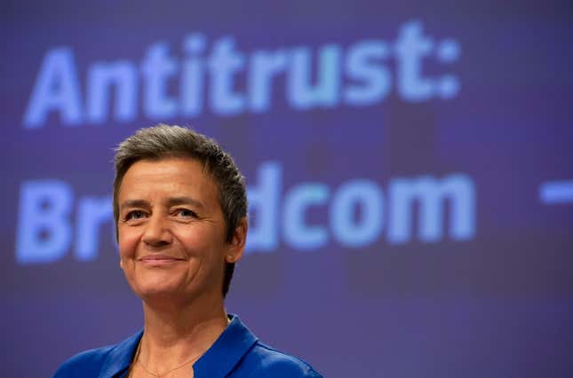 FILE - European Commissioner for Competition Margrethe Vestager speaks during a media conference regarding an anti-trust decision on Broadcom at EU headquarters in Brussels, Wednesday, Oct. 16, 2019. Margrethe Vestager, the European Union’s Commission’s powerful antitrust chief who took unpaid leave to seek the top job at European Investment Bank, is returning to the EU’s executive arm for the next few months, Denmark&#39;s government said Friday, Dec. 8, 2023. (AP Photo/Virginia Mayo, File)