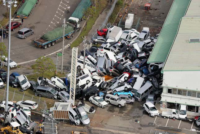 Image for article titled The chaos left behind by Typhoon Jebi, seen from the air
