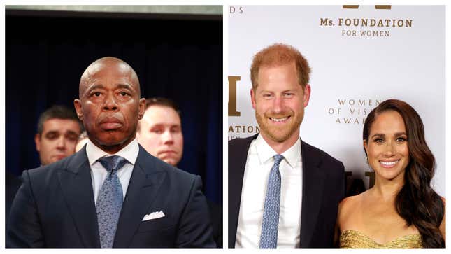 New York City Mayor Eric Adams, left; Prince Harry and wife Meghan Markle.