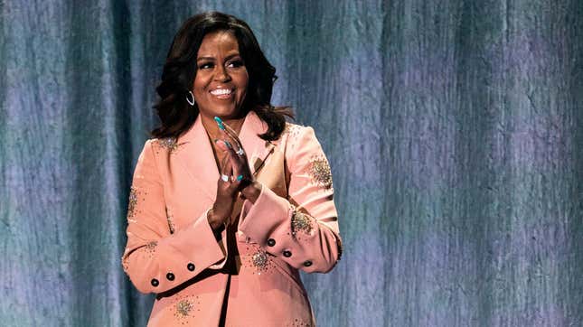 Michelle Obama on stage of the Royal Arena in Copenhagen on April 9, 2019 during a tour to promote her memoir “Becoming”.