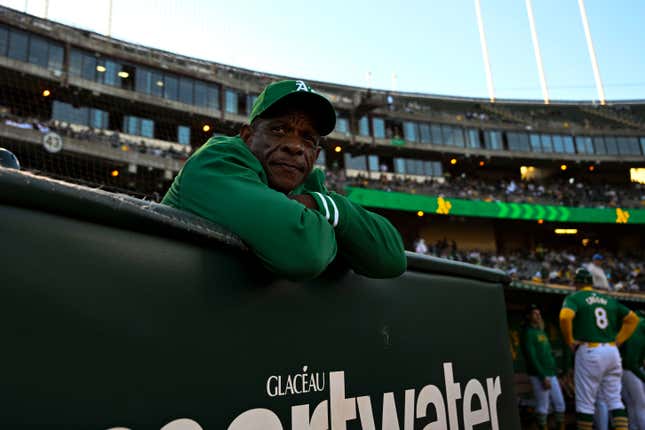  Oakland Athletics Special Assistant to the President, Rickey Henderson, looks on during an MLB game between the New York Yankees and Oakland Athletics on September 21, 2024, at the Oakland-Alameda County Coliseum in Oakland, CA.