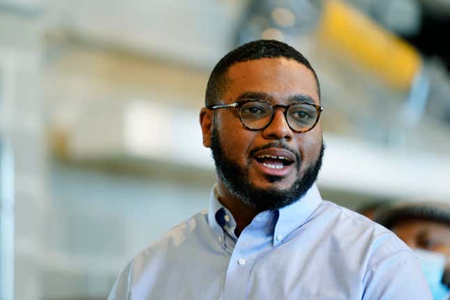 Candidate for lieutenant governor state Rep. Austin Davis, D-McKeesport speaks during a visit to the Laborers District Council Training and Learning Center in Philadelphia, Wednesday, Feb. 16, 2022. An ad by Rep. Brian Sims seeking the Democratic nomination for Pennsylvania lieutenant governor this year drew a complaint Friday, April 15, 2022 and a sharply worded letter from Josh Shapiro, the party’s presumed nominee for governor. Josh Shapiro took the unusual step earlier this year of endorsing and running together with state Rep. Austin Davis of Allegheny County, even though in Pennsylvania candidates for governor and lieutenant governor are not paired together on the primary ballot.