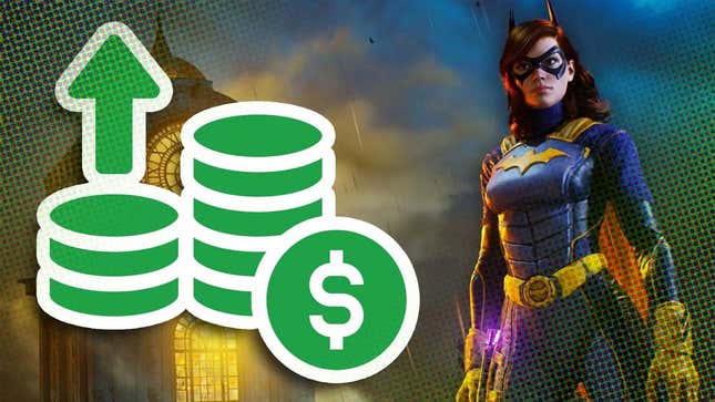 An image shows Batgirl standing near a pile of money. 