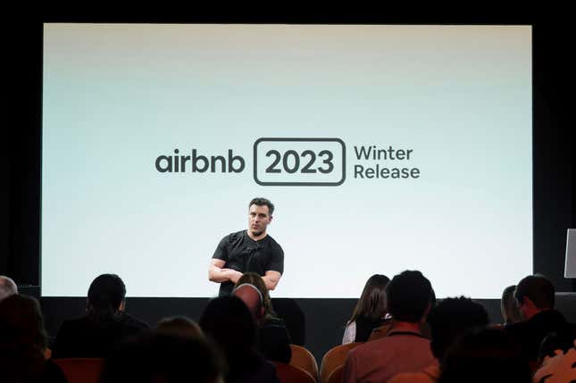 FILE - Airbnb co-founder and CEO Brian Chesky unveils Airbnb&#39;s 2023 Winter Release on Nov. 7, 2023, in New York. Airbnb on Tuesday, Jan. 23, 2024, donated a total of $10 million to more than 120 nonprofits in 44 countries on six continents, as the rental giant continued its unusual distribution of $100 million through its Airbnb Community Fund. (Carla Torres/AP Images for Airbnb, File)