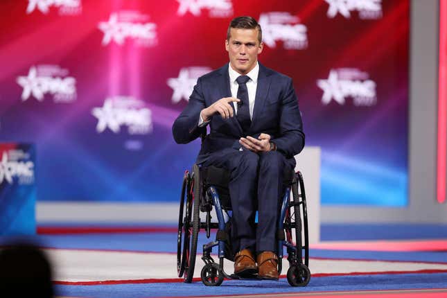 Rep. Madison Cawthorn (R-NC) addresses the Conservative Political Action Conference being held in the Hyatt Regency on February 26, 2021.