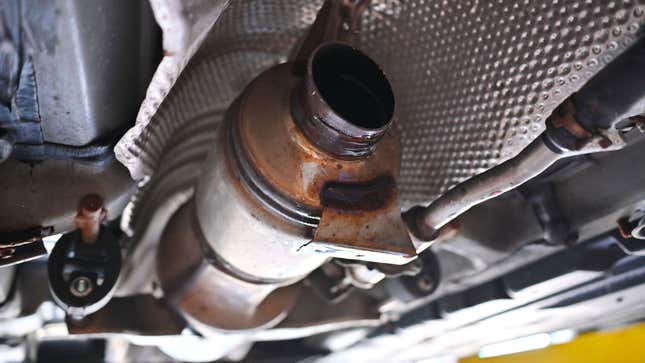 The underside of a Toyota Prius where a catalytic converter was stolen. 