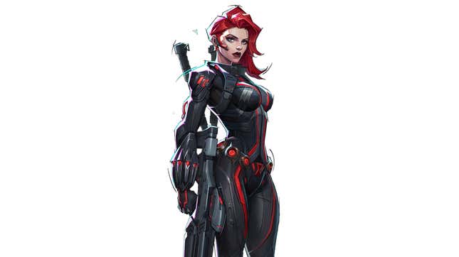 Black Widow stands with her rifle in her right hand pointed downward.