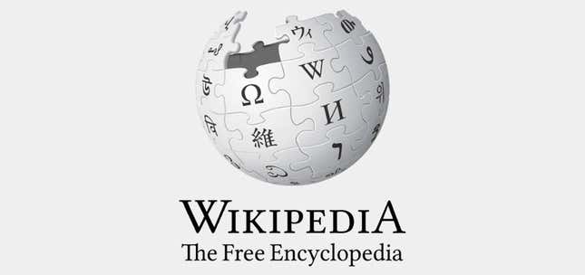 Wikipedia logo of globe made of puzzle pieces, it says Wikipedia The Free Encyclopedia