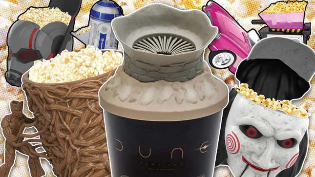 A collage of various interconnecting popcorn buckets, including Dune, Saw X, Barbie, Ghostbusters, Ant-Man, Guardians of the Galaxy and Star Wars.