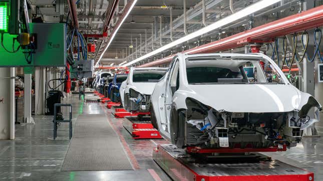 A photo of a production line at the Tesla factory in Texas. 