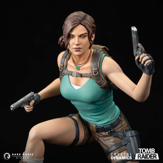 A close-up of the Lara Croft statue from the front.