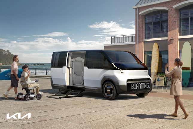 A render of a PV5 with wheelchair accessibility. The grille is a screen that reads "Boarding" as passengers are about to get into the van.