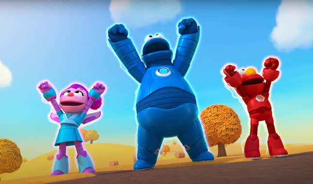 Animated versions of Elmo, Cookie Monster, and Abby mecha suit up 