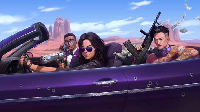 A piece of art shows a trio of gangsters from Saints Row riding in a purple car. 
