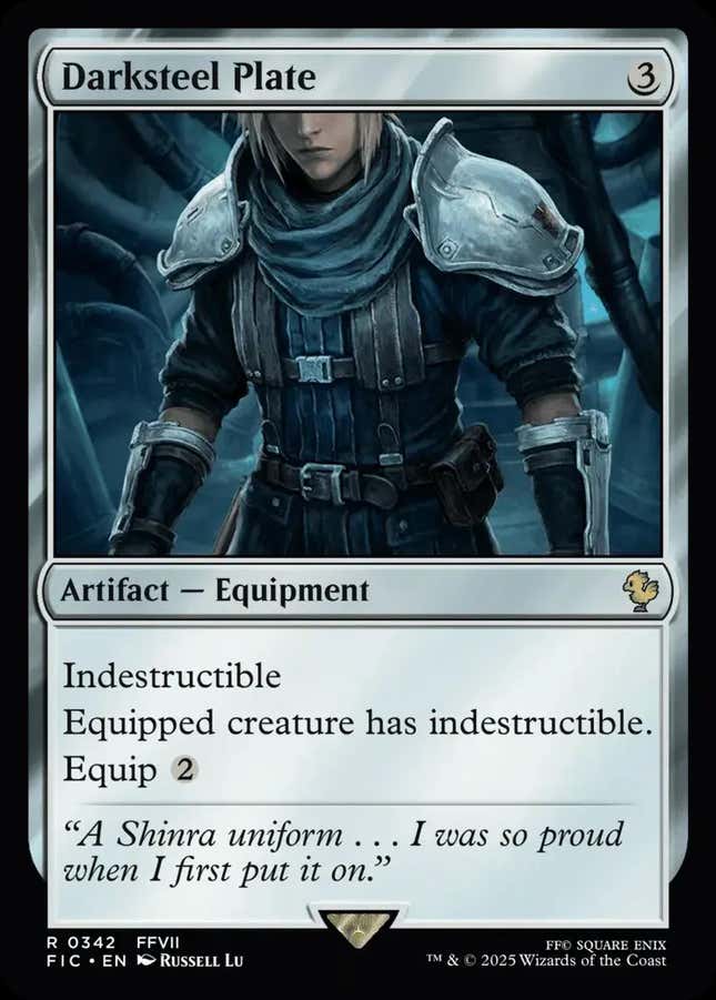 A Magic: The Gathering shows Cloud on a card for Darksteel Plate.