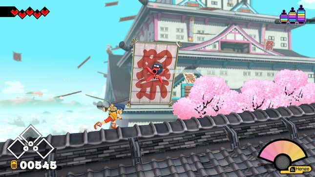 A character runs across a roof.